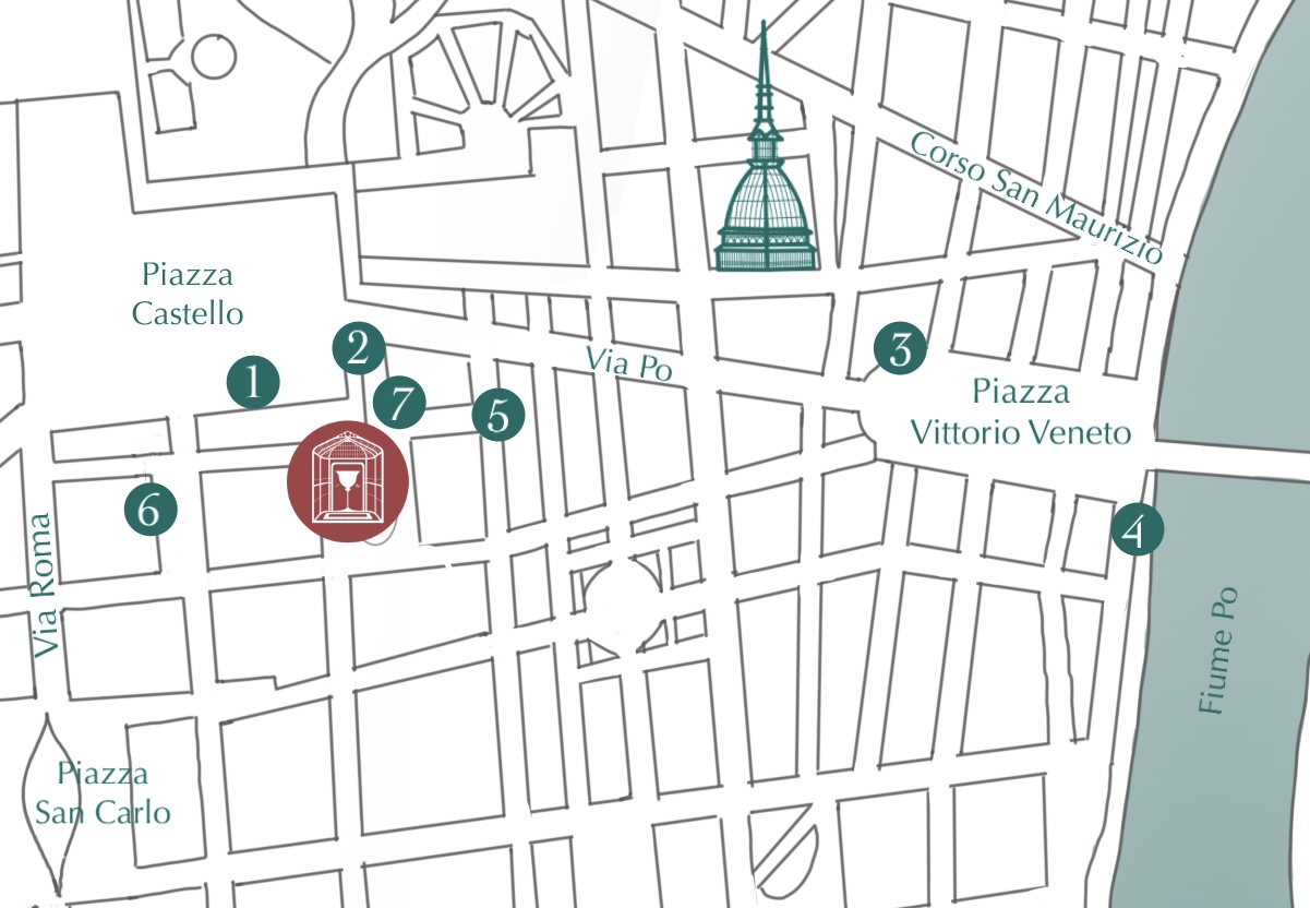 Hand-drawn map of central Turin showing the seven historic vermouth bars and Casa Vermouth in the Galleria Subalpina, with the Mole Antonelliana and the river Po.