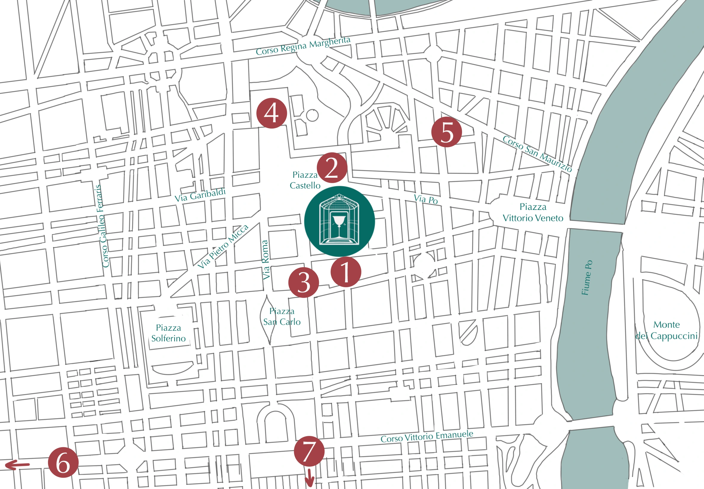Illustrated map of central Turin — museums layer